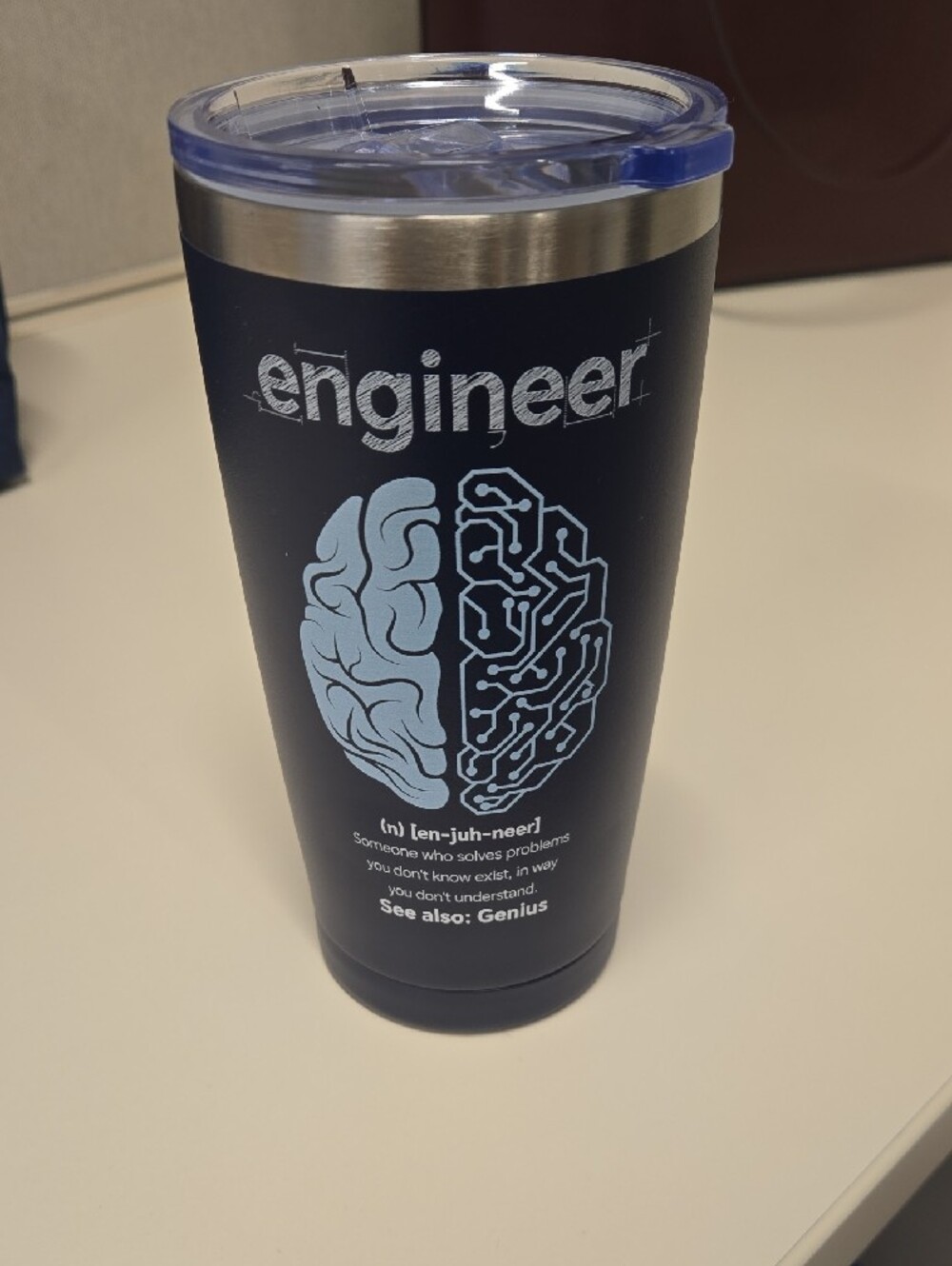 New Engineer Brain Stainless Travel Tumbler - Navy with Light Blue Graphic